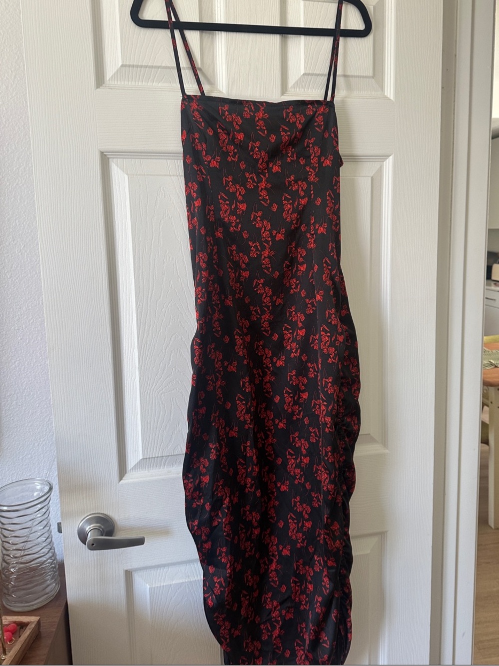 Nasty Gal Black Midi Slip Dress with Red Floral Print